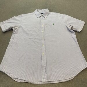 Ralph Lauren Shirt Mens XL Seersucker Purple White Striped Short Sleeve Button
